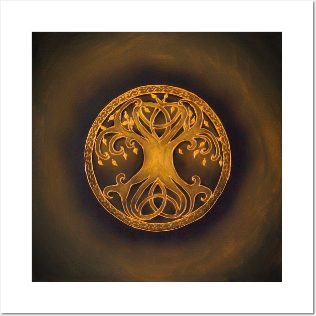 Tree of life with triquetra Celtic knot gold on olive Wall Art by monchie